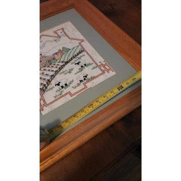 Vtg counted cross stitch of a country farm,w/sheep/crops w/farmhouse/barn Framed - Picture 10 of 14
